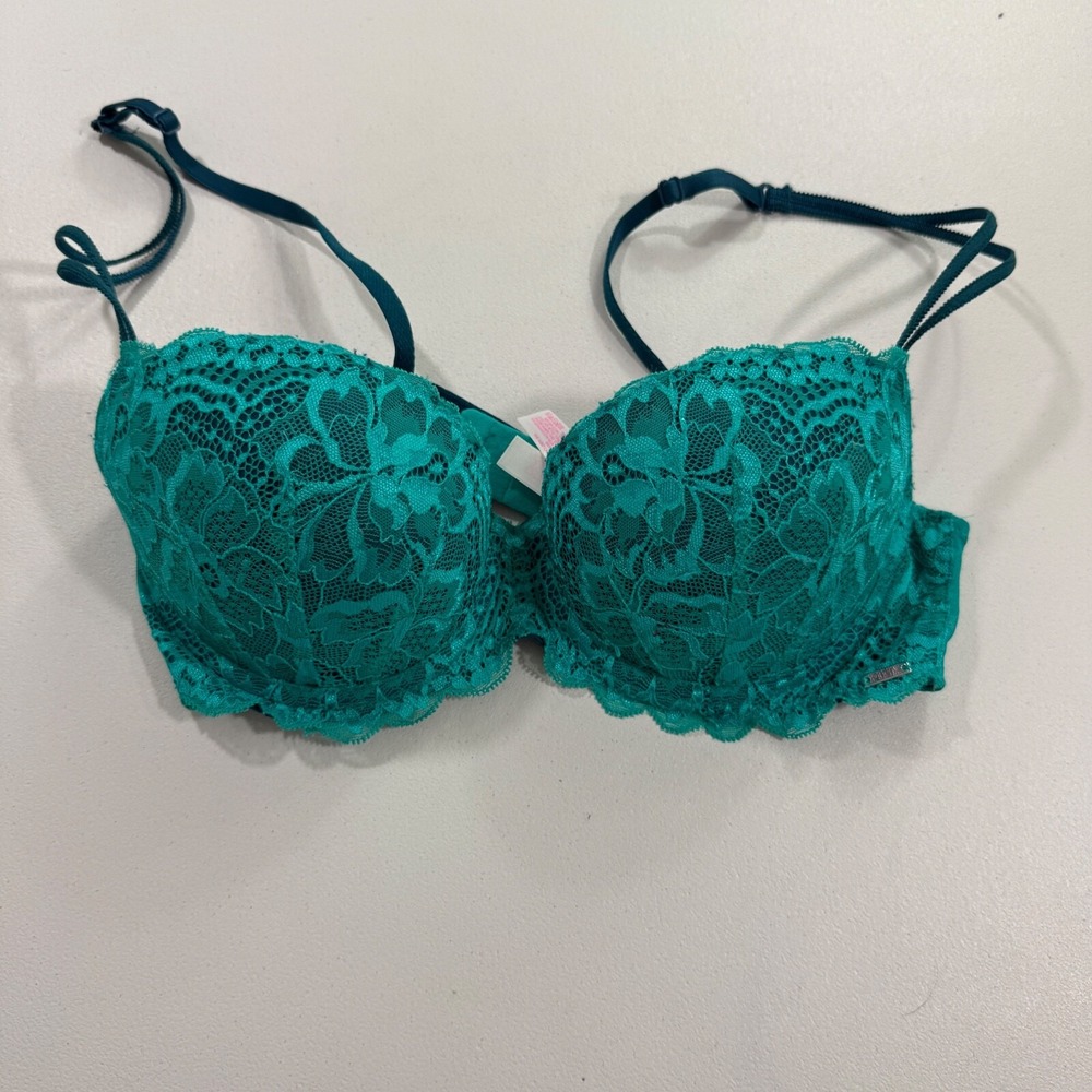 Victorias Secret PINK Bra Size 34B Date Push Up Green Lace Sexy Demi